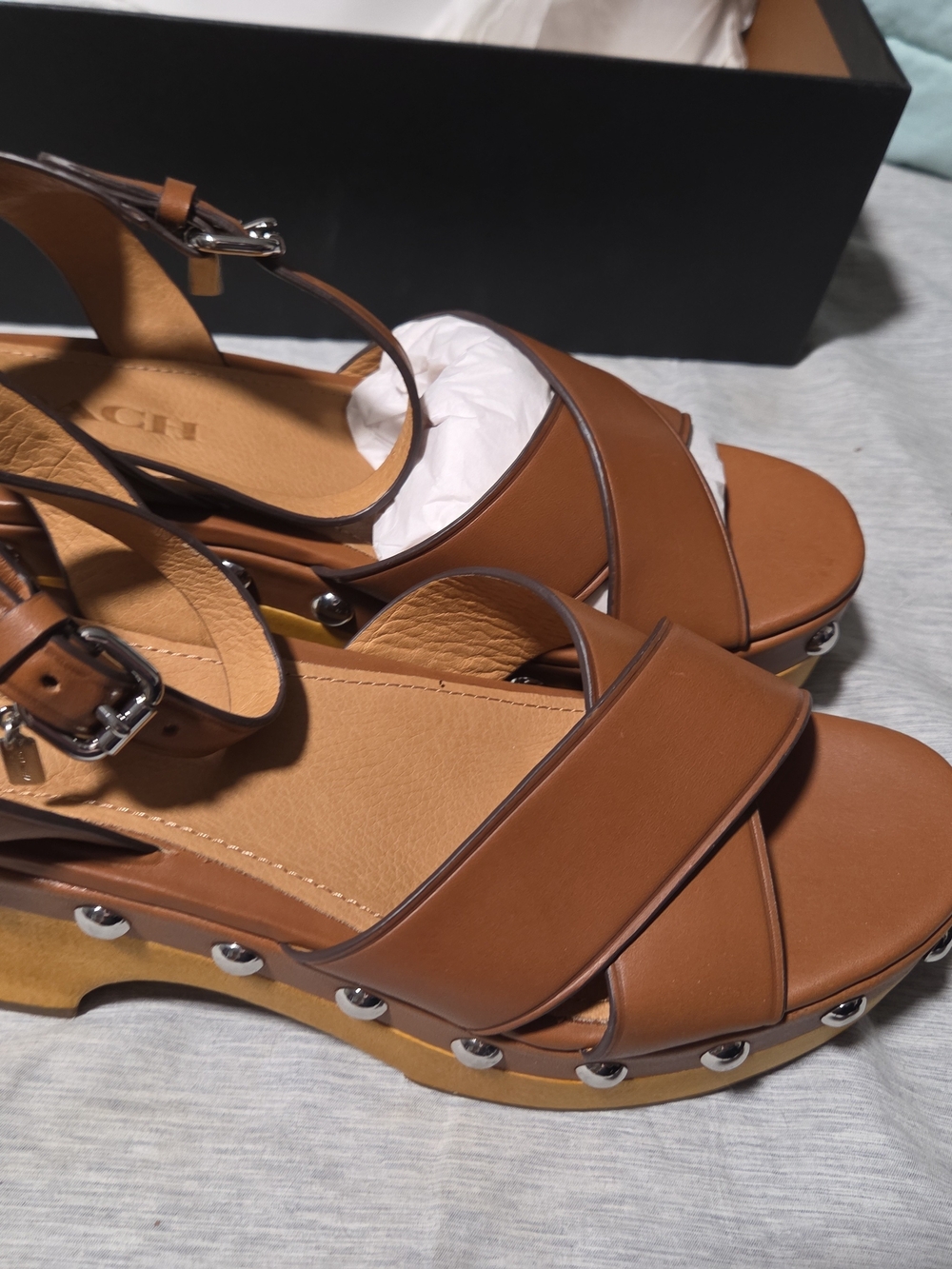 Coach Brown Leather Studded Platform Sandals - Picture 2 of 6